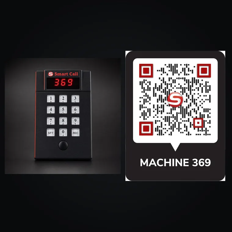 Smart Call wireless keypad transmitter and "Machine 369" QR machine label on the line